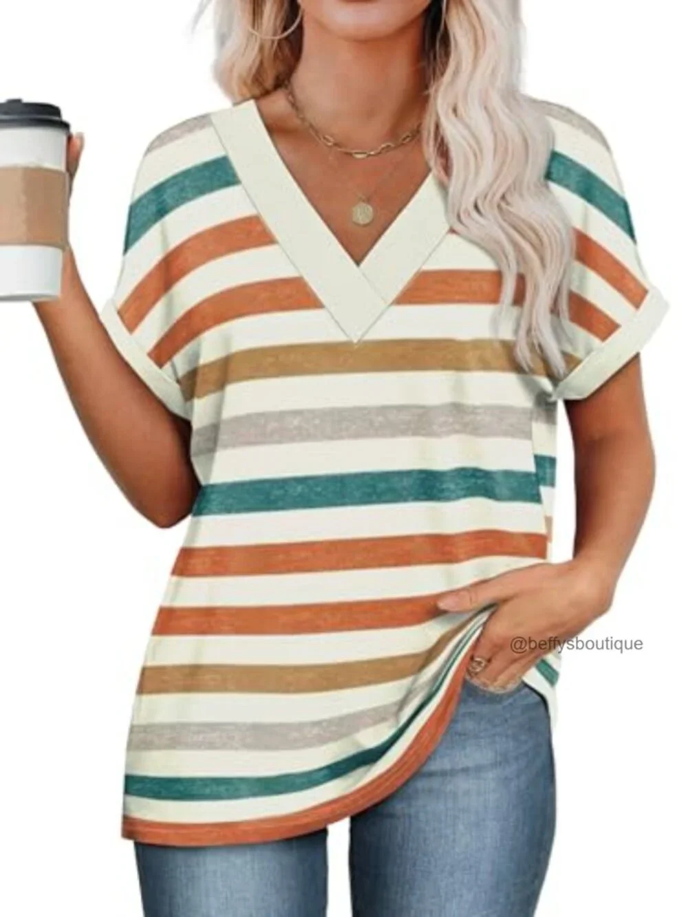 Womens V-Neck Striped Short Sleeve T-Shirt Dolman Top 95% Polyester 5% Spandex